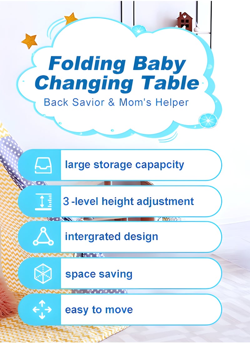 Foldable Baby Changing Table with Wheels, Adjustable Heights, Waterproof Oxford Cloth, Portable Nursery Organizer with Storage Rack – Durable, Space-Saving Diaper Changing Station for Newborns and Infants, Multi-Functional, Sturdy Frame, Adjustable Height, Easy to Clean, Lockable Wheels, Baby Massage Table, Safe & Comfortable Changing Surface