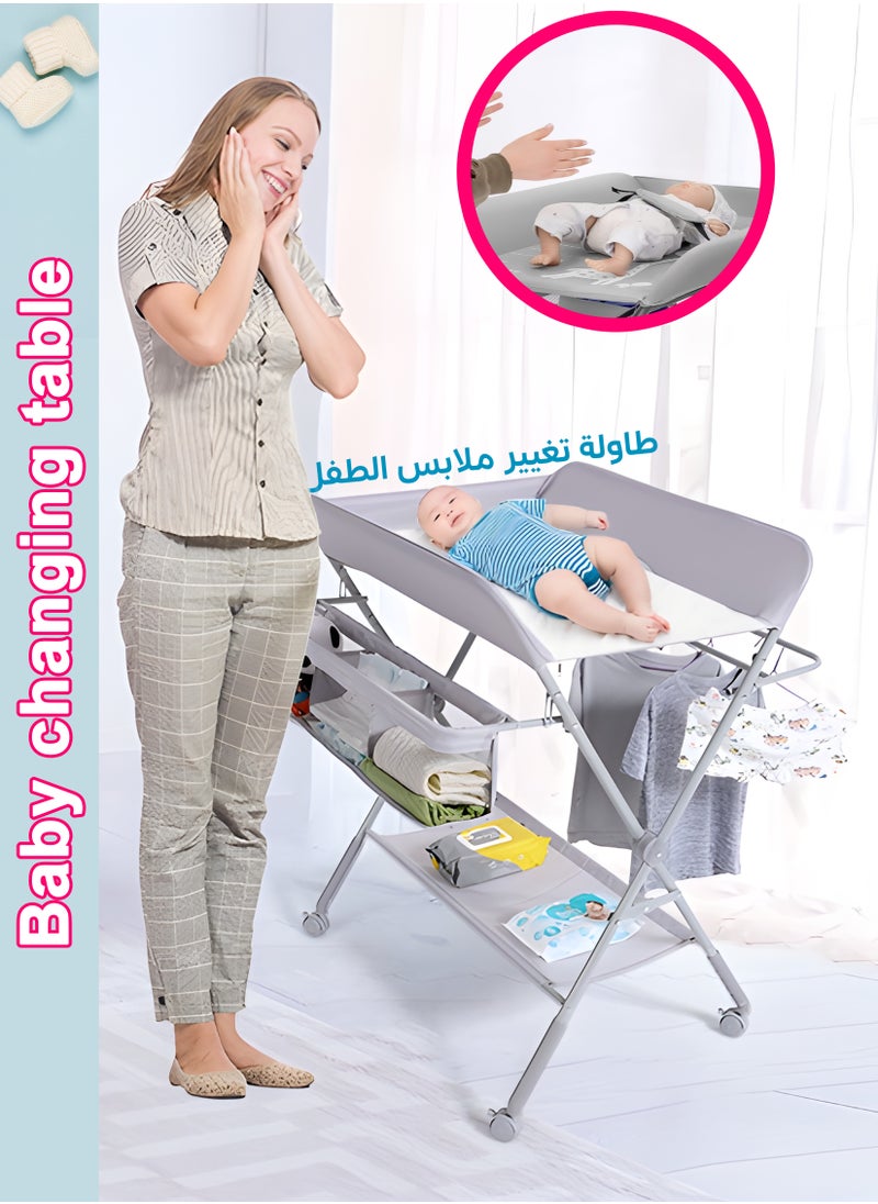 Foldable Baby Changing Table with Wheels, Adjustable Heights, Waterproof Oxford Cloth, Portable Nursery Organizer with Storage Rack – Durable, Space-Saving Diaper Changing Station for Newborns and Infants, Multi-Functional, Sturdy Frame, Adjustable Height, Easy to Clean, Lockable Wheels, Baby Massage Table, Safe & Comfortable Changing Surface