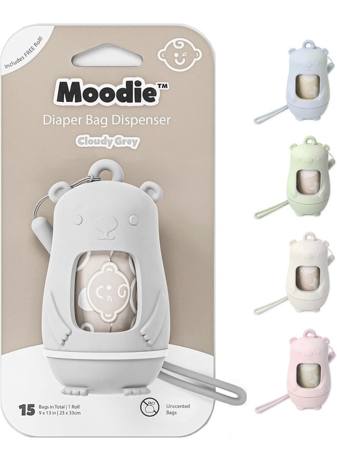 Moodie NEW Teddy Bear Diaper Bag Dispenser | Diaper Bag on the Go Dispenser w/Silicon Strap | 15 UNSCENTED Diaper Disposal Bags per Roll | Diaper bag essential items (CLOUDY GREY)