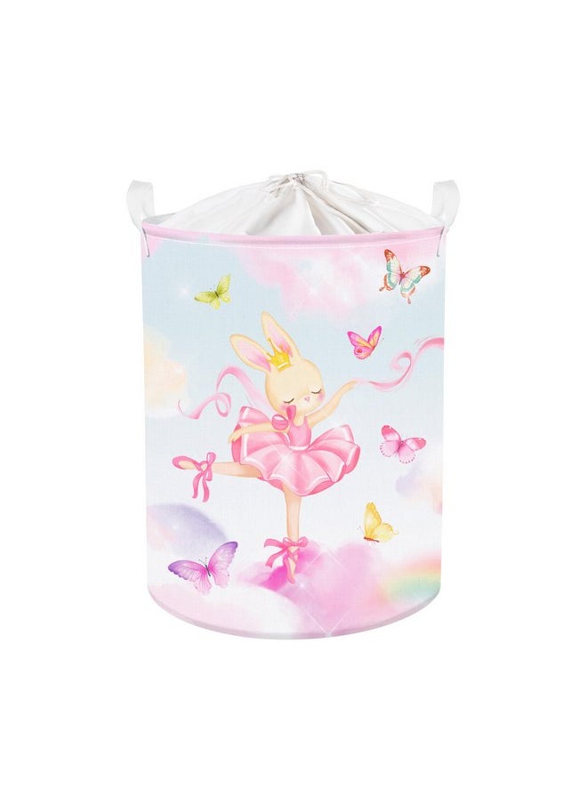 Clastyle 45L Fantasy Rabbit Ballet Dancer Collapsible Laundry Basket Pink Cloud Dancing Butterfly Dirty Clothes Hamper Round Toy Girls Storage Basket with Lid, 14.2x17.7 in