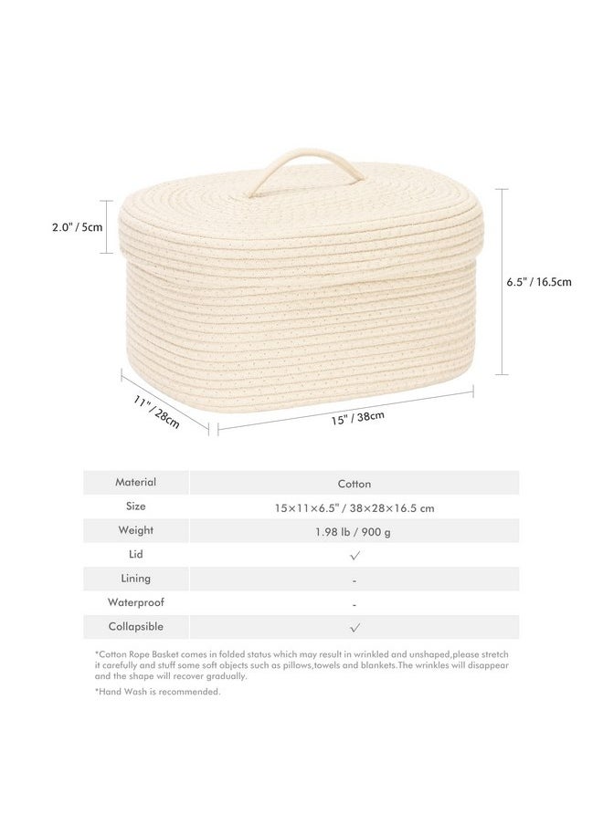 Sea Team Oval Cotton Rope Storage Basket with Lid, Lidded Woven Storage Bin, Nursery Storage Container, Diaper Caddy, Baby Shower Basket, Box, Organizer, 15 x 11 x 6.5 Inches (Medium, Cream)