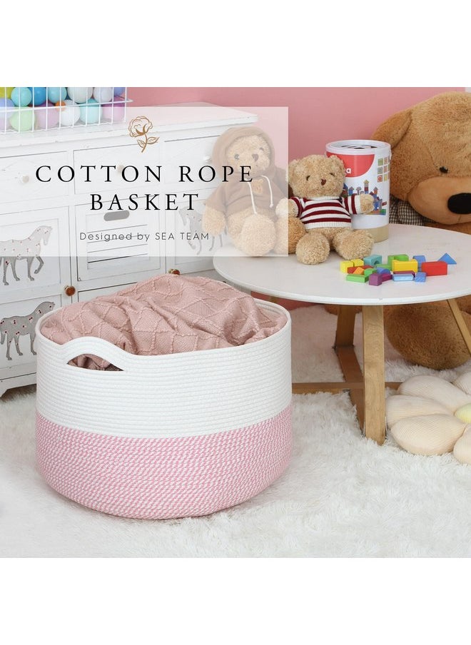Sea Team XXXL Cotton Rope Basket, Large Woven Nursery Storage Bin, Laundry Hamper, Jumbo Blanket Basket for Rugs, Cushions, Pillows, Toys Organizer, 22 x 14 Inches, White & Mottled Pink