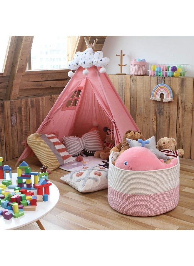 Sea Team XXXL Cotton Rope Basket, Large Woven Nursery Storage Bin, Laundry Hamper, Jumbo Blanket Basket for Rugs, Cushions, Pillows, Toys Organizer, 22 x 14 Inches, White & Mottled Pink