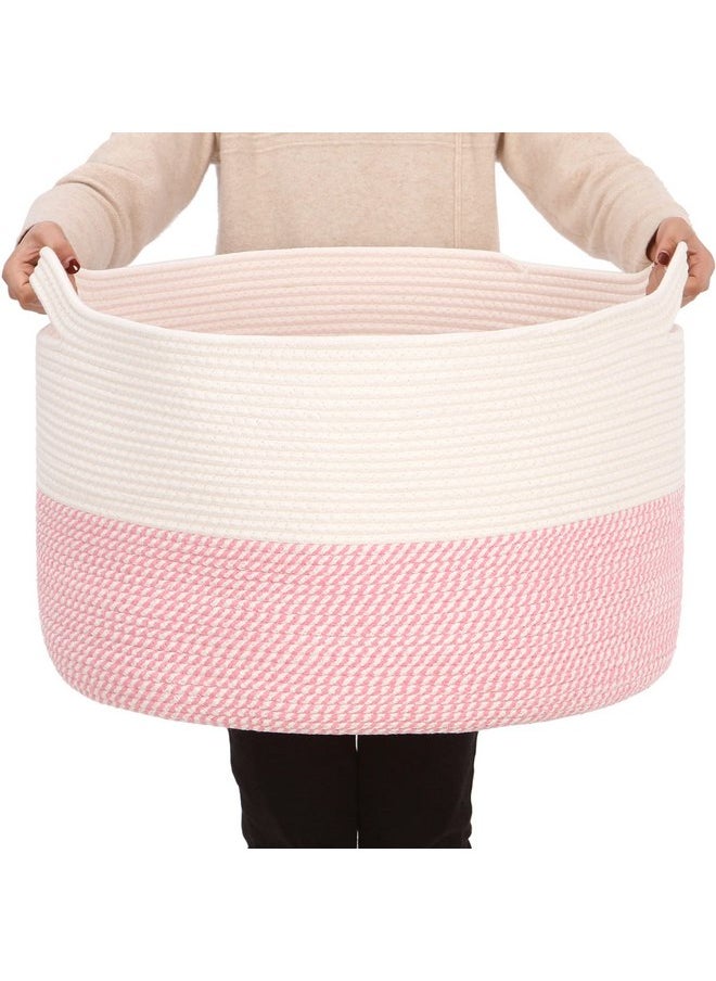 Sea Team XXXL Cotton Rope Basket, Large Woven Nursery Storage Bin, Laundry Hamper, Jumbo Blanket Basket for Rugs, Cushions, Pillows, Toys Organizer, 22 x 14 Inches, White & Mottled Pink