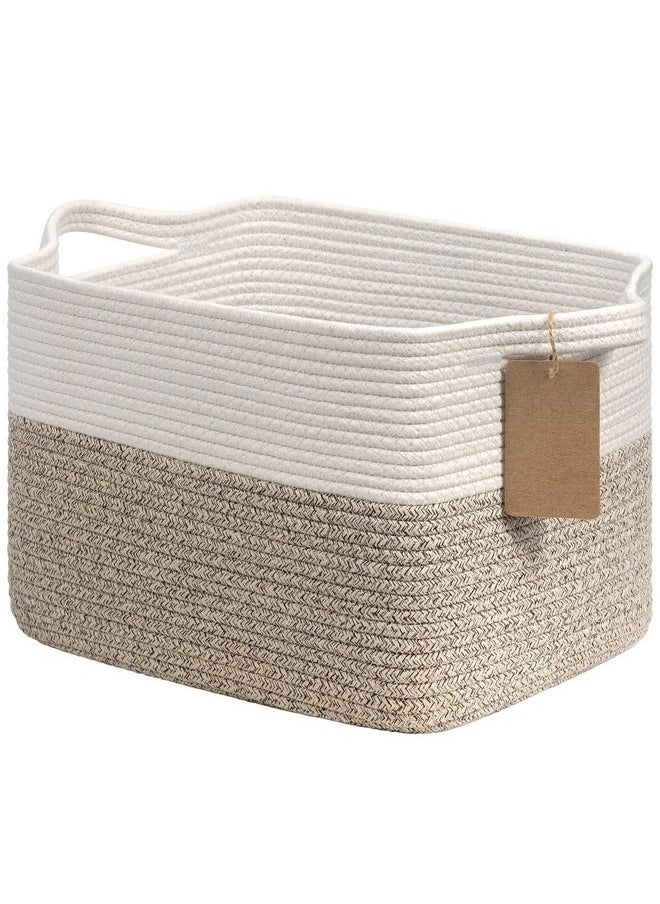 Goodpick Woven Storage Basket for Shelves, Cotton Rope Dog Toy Bin, Empty Gift Basket with Handles, Square Baskets for Storage, Brown and White Storage Bin, 13 x 10 x 9 Inches