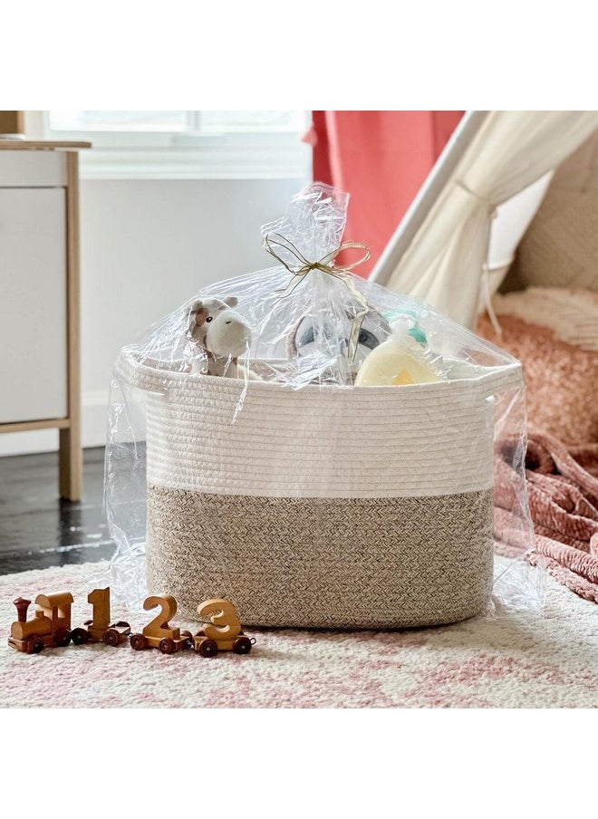 Goodpick Woven Storage Basket for Shelves, Cotton Rope Dog Toy Bin, Empty Gift Basket with Handles, Square Baskets for Storage, Brown and White Storage Bin, 13 x 10 x 9 Inches