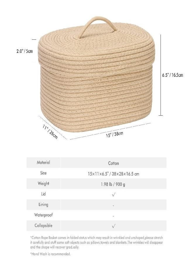 Sea Team Oval Cotton Rope Storage Basket with Lid, Lidded Woven Storage Bin, Nursery Storage Container, Diaper Caddy, Baby Shower Basket, Box, Organizer, 15 x 11 x 6.5 Inches (Medium, Khaki)