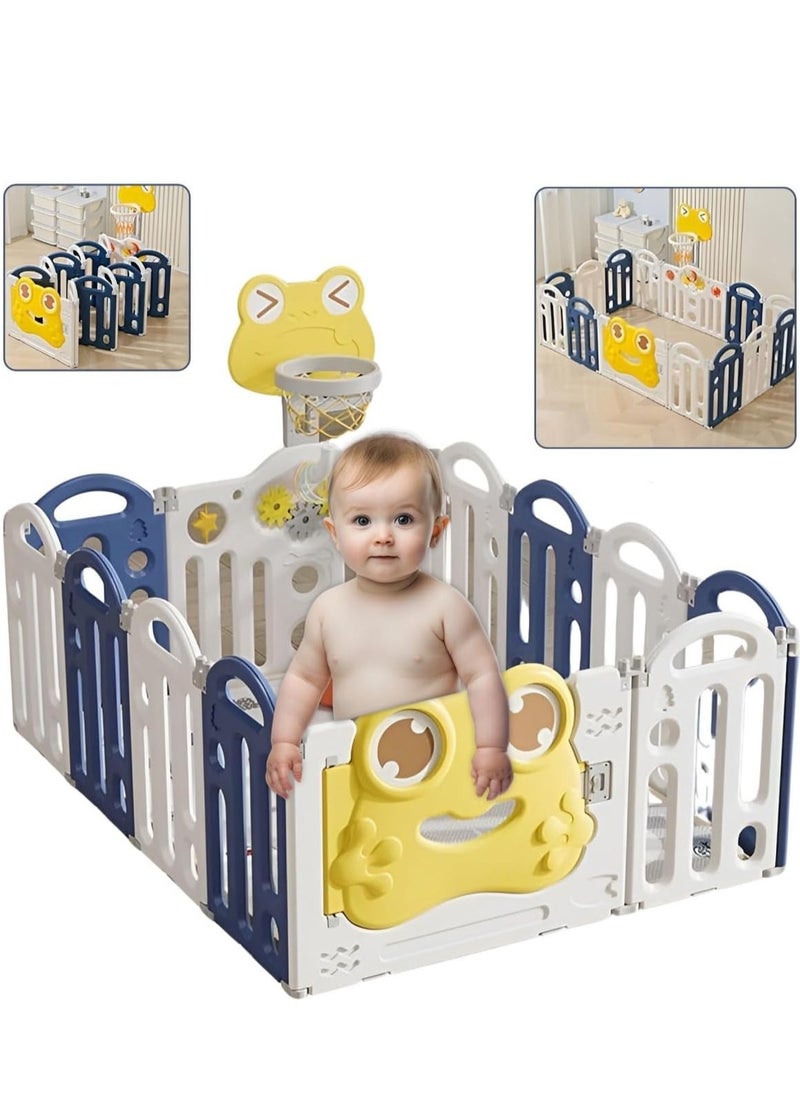 Kid Baby Playpen, Foldable Toddler Play Yard with Gate  & Basketball Hoop,  Game Board & Safety Lock, Activity Center for Kids