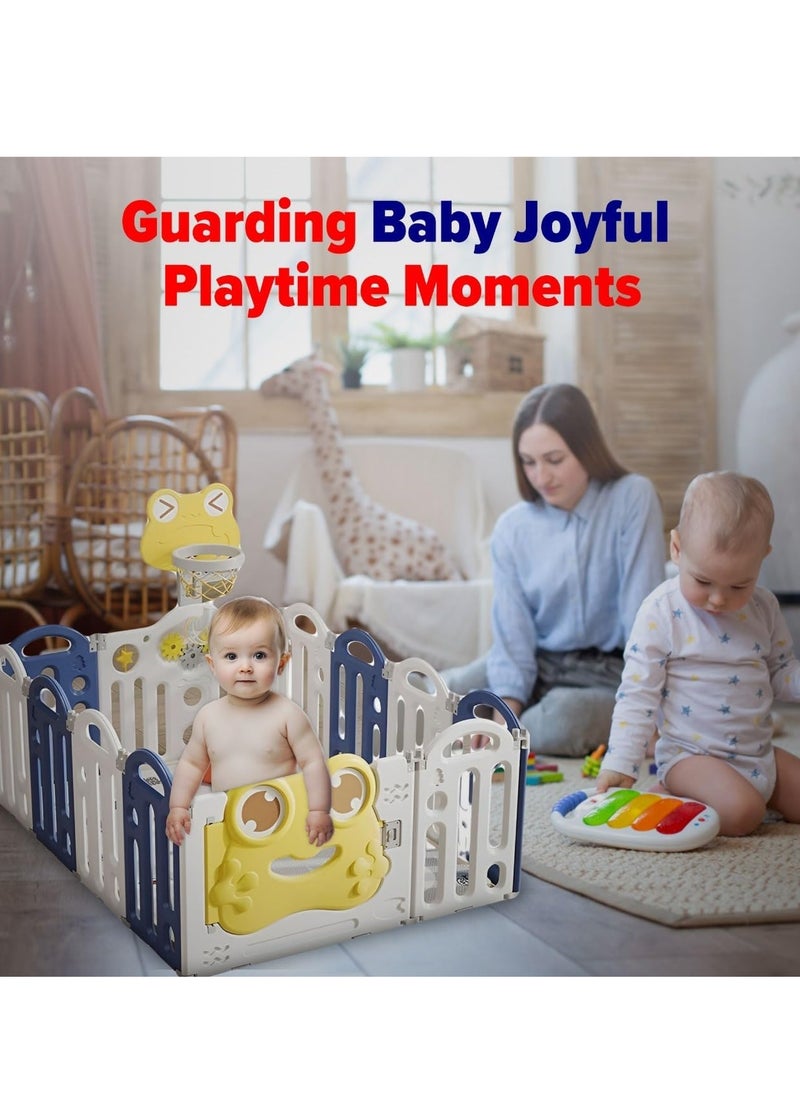 Kid Baby Playpen, Foldable Toddler Play Yard with Gate  & Basketball Hoop,  Game Board & Safety Lock, Activity Center for Kids