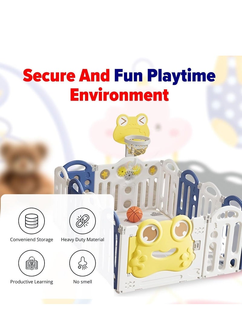 Kid Baby Playpen, Foldable Toddler Play Yard with Gate  & Basketball Hoop,  Game Board & Safety Lock, Activity Center for Kids