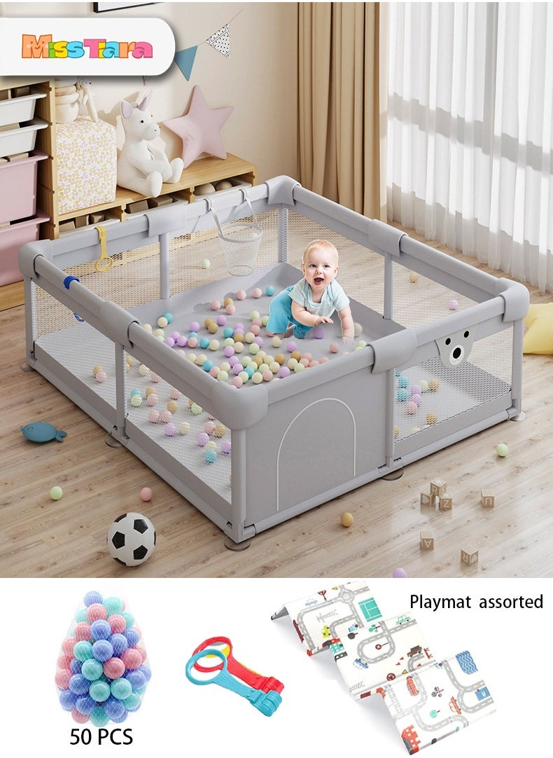 Baby Playpen Fence With Playmat, Infant Indoor And Outdoor Kids Activity Center With 50 Pieces Ocean Balls, Baby Play Yard 120*150 cm