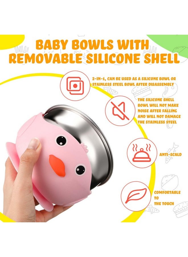 Nuogo 4 Packs 304 Stainless Steel Baby Bowls with Silicone Sleeve Kids Toddler Food Bowls with Suction Anti Slip Bowl with Cute Animal Design Safe Bowls for Baby Feeding Soup Noodle Pasta Snack