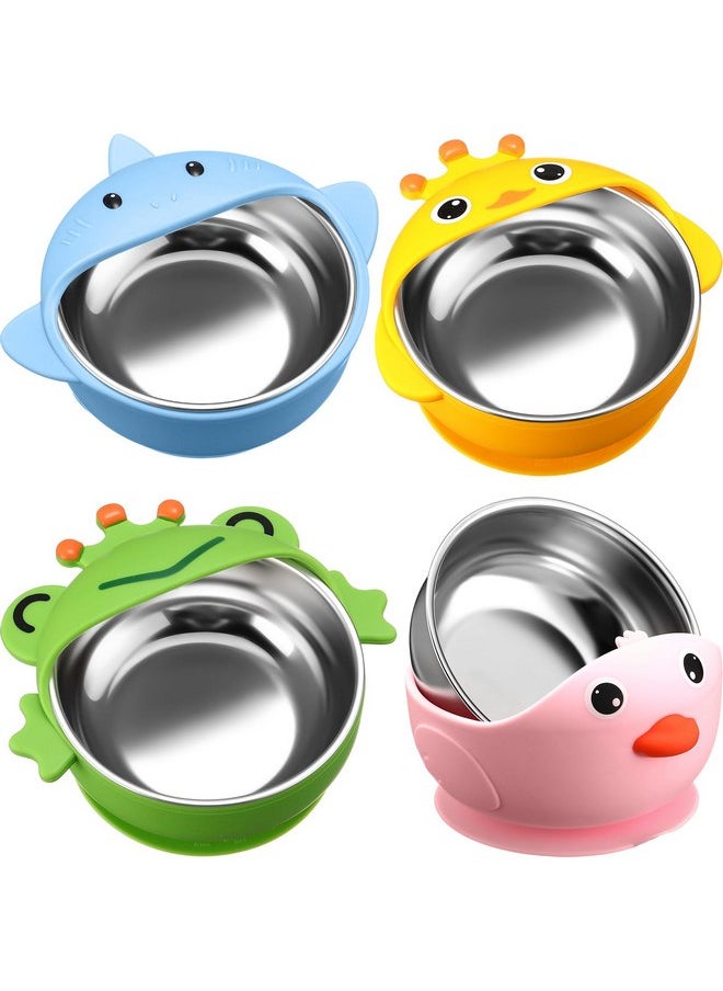 Nuogo 4 Packs 304 Stainless Steel Baby Bowls with Silicone Sleeve Kids Toddler Food Bowls with Suction Anti Slip Bowl with Cute Animal Design Safe Bowls for Baby Feeding Soup Noodle Pasta Snack