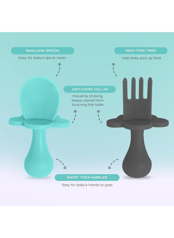 Grabease Baby Spoons and Forks Utensils for Toddlers Infants BPA-Free & Phthalate-Free Baby Silverware, 2 Sets, Teal and Gray