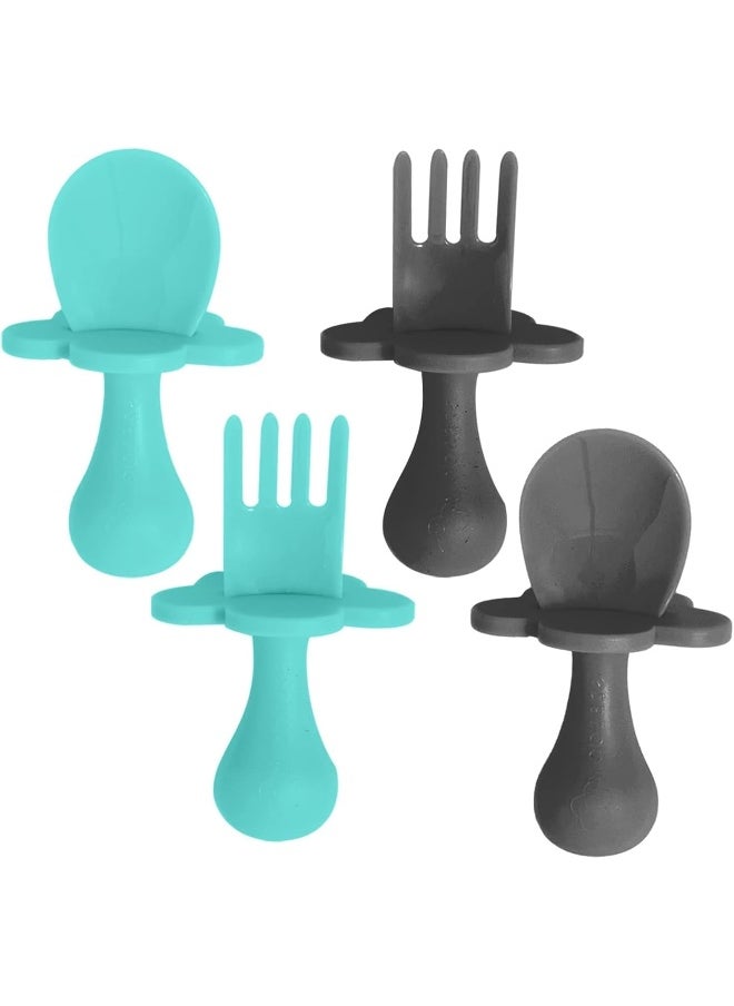 Grabease Baby Spoons and Forks Utensils for Toddlers Infants BPA-Free & Phthalate-Free Baby Silverware, 2 Sets, Teal and Gray