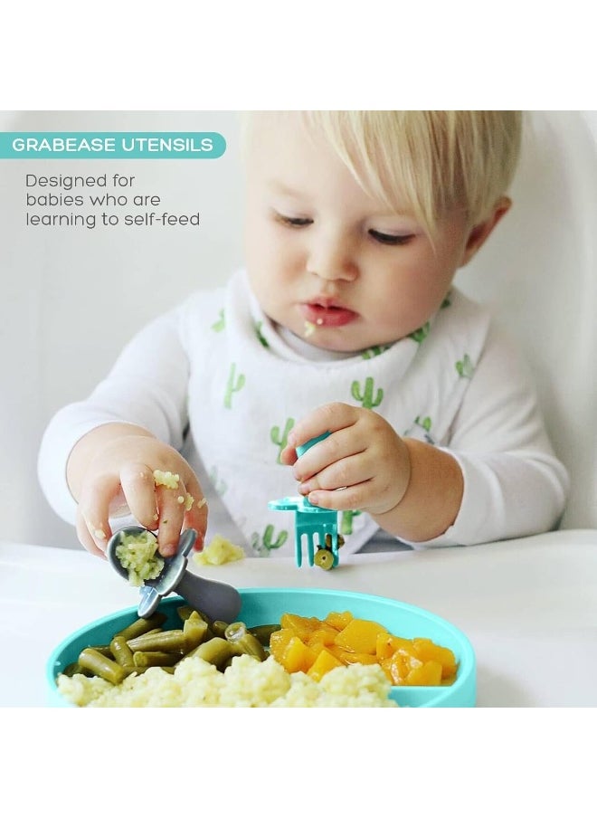 Grabease Baby Spoons and Forks Utensils for Toddlers Infants BPA-Free & Phthalate-Free Baby Silverware, 2 Sets, Teal and Gray
