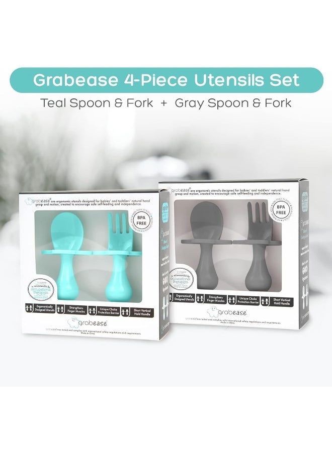 Grabease Baby Spoons and Forks Utensils for Toddlers Infants BPA-Free & Phthalate-Free Baby Silverware, 2 Sets, Teal and Gray