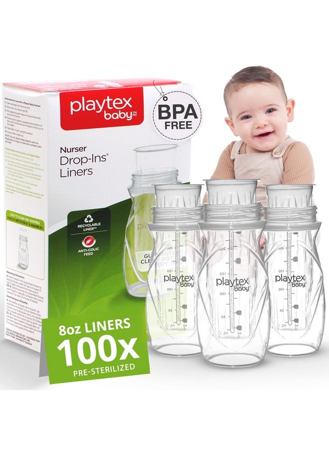 Playtex Baby Nurser Pre-Sterilized Disposable Drop-Ins Bottle Liners, Anti-Colic, Gas Reduction, Closer to Breastfeeding, 8 Oz, 100 Count