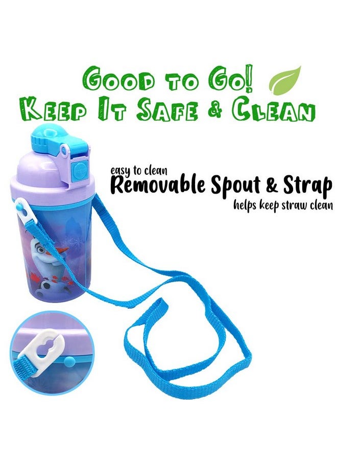 Zak Designs Disney Frozen One Touch Button Water Bottles with Reusable Built in Straw, Carrying Strap - Safe Approved BPA Free, Easy to Clean, for Kids Girls Boys, Goodies Home Travel