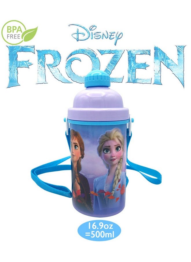 Zak Designs Disney Frozen One Touch Button Water Bottles with Reusable Built in Straw, Carrying Strap - Safe Approved BPA Free, Easy to Clean, for Kids Girls Boys, Goodies Home Travel