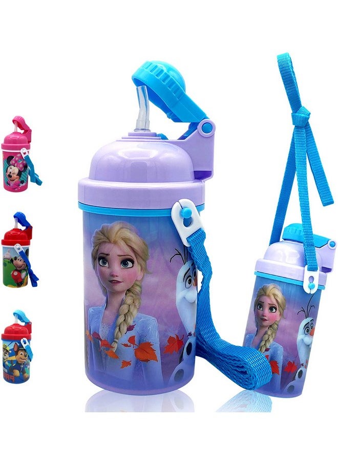 Zak Designs Disney Frozen One Touch Button Water Bottles with Reusable Built in Straw, Carrying Strap - Safe Approved BPA Free, Easy to Clean, for Kids Girls Boys, Goodies Home Travel