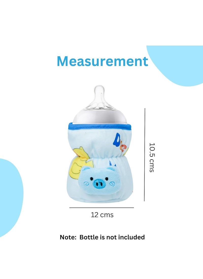 THE LITTLE LOOKERS Soft Plush Stretchable Baby Feeding Bottle Cover with Easy to Hold Strap | Cute Animated Overall Print Pack of 2 (Pink & Blue, Wide Neck 125ml/4oz) Cartoon Print May Very