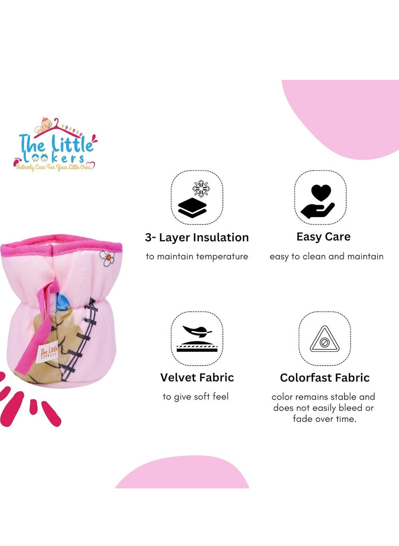 THE LITTLE LOOKERS Soft Plush Stretchable Baby Feeding Bottle Cover with Easy to Hold Strap | Cute Animated Overall Print Pack of 2 (Pink & Blue, Wide Neck 125ml/4oz) Cartoon Print May Very