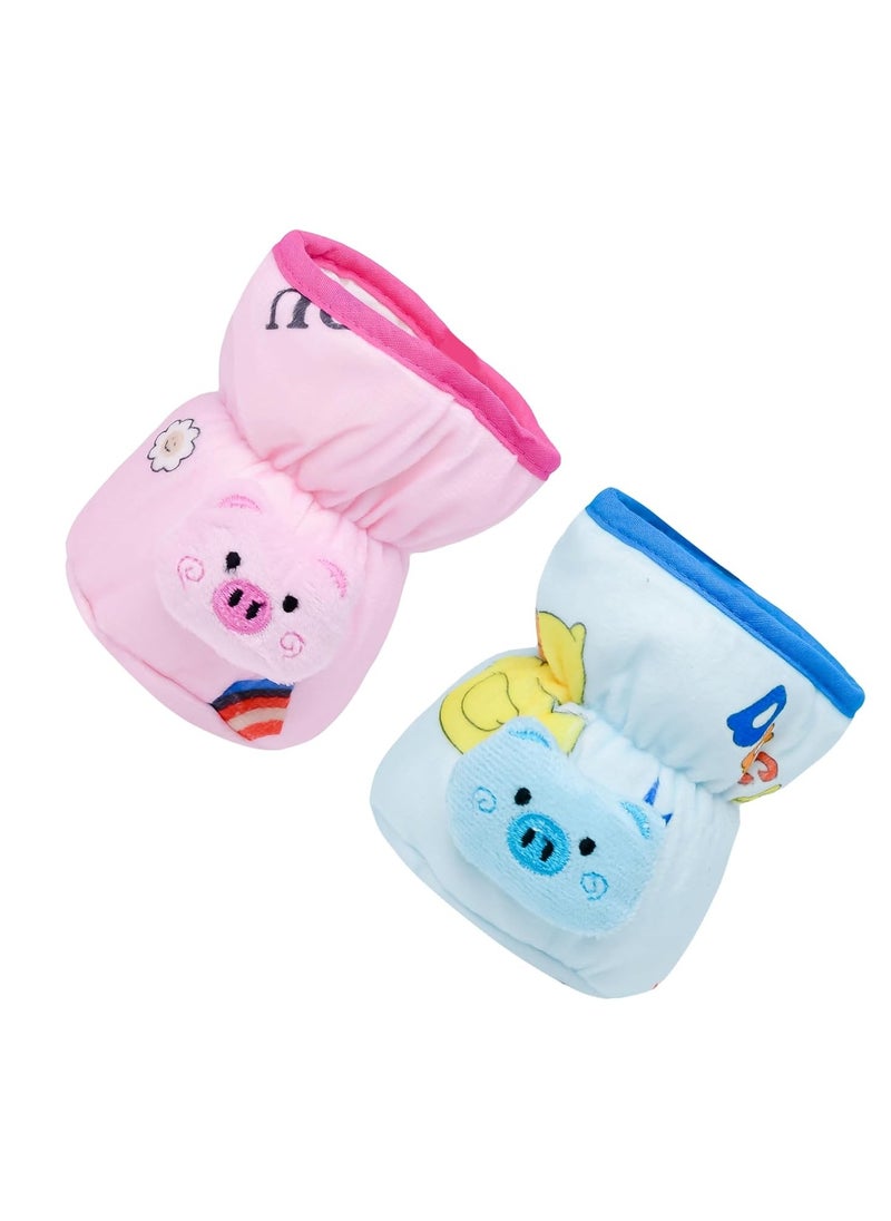 THE LITTLE LOOKERS Soft Plush Stretchable Baby Feeding Bottle Cover with Easy to Hold Strap | Cute Animated Overall Print Pack of 2 (Pink & Blue, Wide Neck 125ml/4oz) Cartoon Print May Very