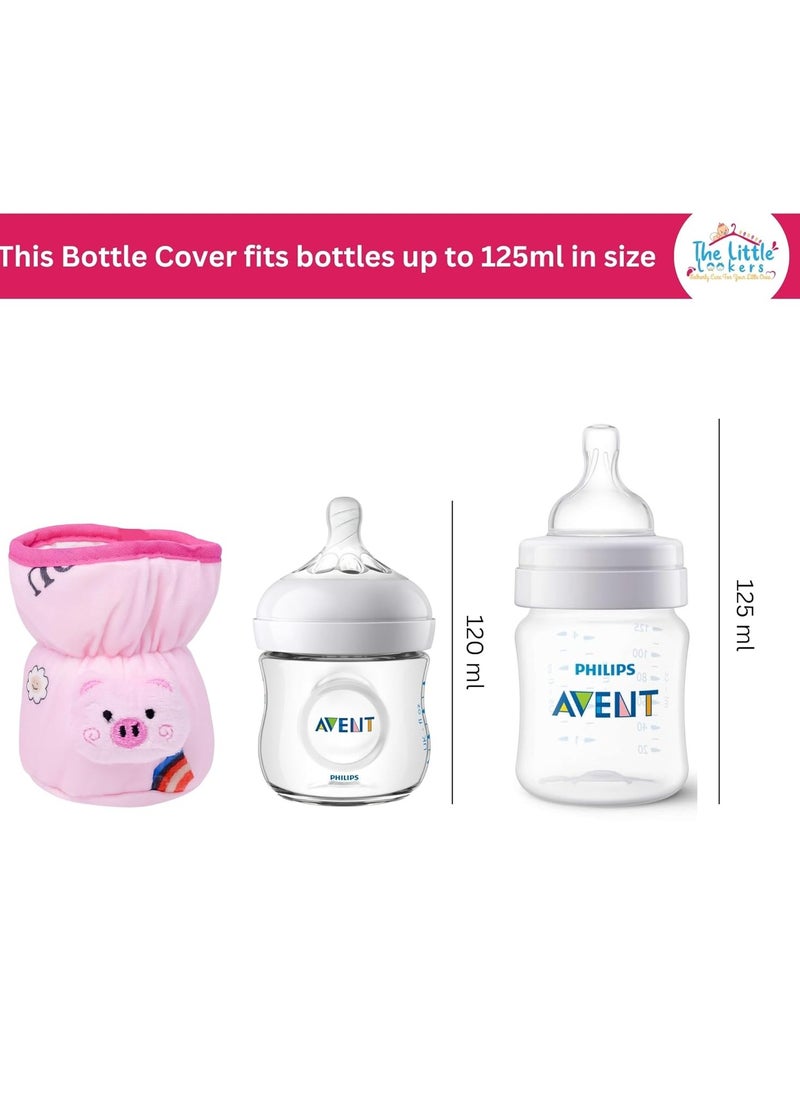 THE LITTLE LOOKERS Soft Plush Stretchable Baby Feeding Bottle Cover with Easy to Hold Strap | Cute Animated Overall Print Pack of 2 (Pink & Blue, Wide Neck 125ml/4oz) Cartoon Print May Very