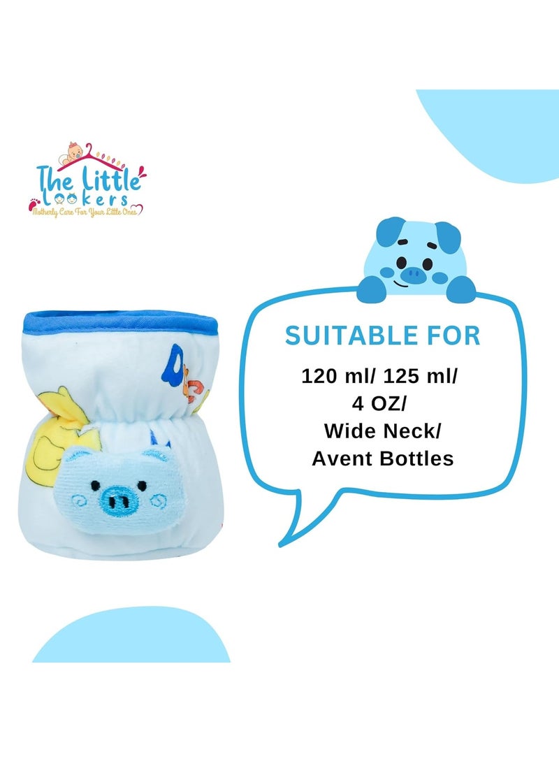 THE LITTLE LOOKERS Soft Plush Stretchable Baby Feeding Bottle Cover with Easy to Hold Strap | Cute Animated Overall Print Pack of 2 (Pink & Blue, Wide Neck 125ml/4oz) Cartoon Print May Very