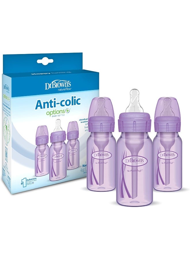 Dr. Brown’s Natural Flow® Anti-Colic Options+™ Narrow Baby Bottle, Lavender, 4oz/120mL, with Level 1 Slow Flow Nipple, 3-Pack