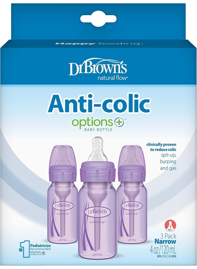 Dr. Brown’s Natural Flow® Anti-Colic Options+™ Narrow Baby Bottle, Lavender, 4oz/120mL, with Level 1 Slow Flow Nipple, 3-Pack