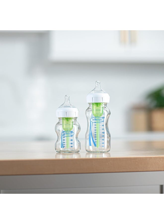 Dr. Brown's Natural Flow® Anti-Colic Options+™ Wide-Neck Glass Baby Bottles 9 oz/270 mL, with Level 1 Slow Flow, 3 Pack, 0m+