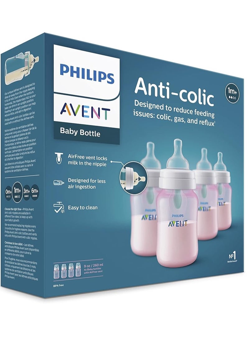 Anti Colic Baby Bottles with AirFree Vent, 260 ml, Pack of 4, Pink, 1m+