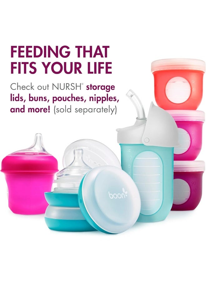 Boon Nursh Reusable Silicone Pouch Baby Bottles - Medium Flow Nipple - Silicone Baby Bottle Pouch and Nipple - Baby Feeding Essentials - Pink - 3-6 Months - 3 Count - 8 Ounce