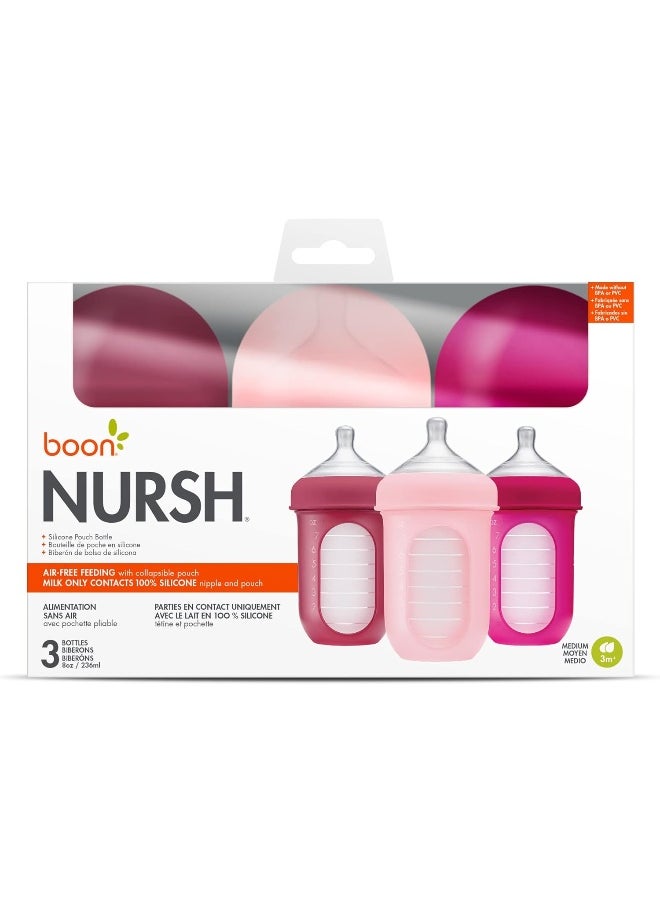 Boon Nursh Reusable Silicone Pouch Baby Bottles - Medium Flow Nipple - Silicone Baby Bottle Pouch and Nipple - Baby Feeding Essentials - Pink - 3-6 Months - 3 Count - 8 Ounce