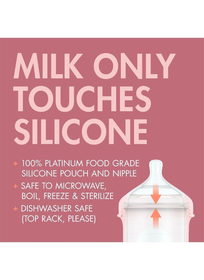 Boon Nursh Reusable Silicone Pouch Baby Bottles - Medium Flow Nipple - Silicone Baby Bottle Pouch and Nipple - Baby Feeding Essentials - Pink - 3-6 Months - 3 Count - 8 Ounce