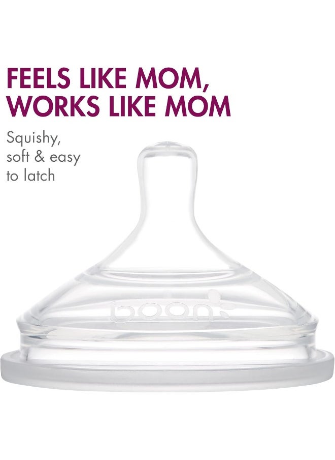 Boon Nursh Reusable Silicone Pouch Baby Bottles - Medium Flow Nipple - Silicone Baby Bottle Pouch and Nipple - Baby Feeding Essentials - Pink - 3-6 Months - 3 Count - 8 Ounce