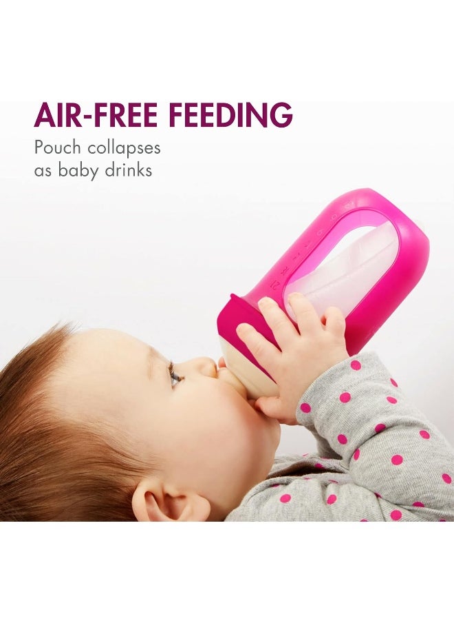 Boon Nursh Reusable Silicone Pouch Baby Bottles - Medium Flow Nipple - Silicone Baby Bottle Pouch and Nipple - Baby Feeding Essentials - Pink - 3-6 Months - 3 Count - 8 Ounce