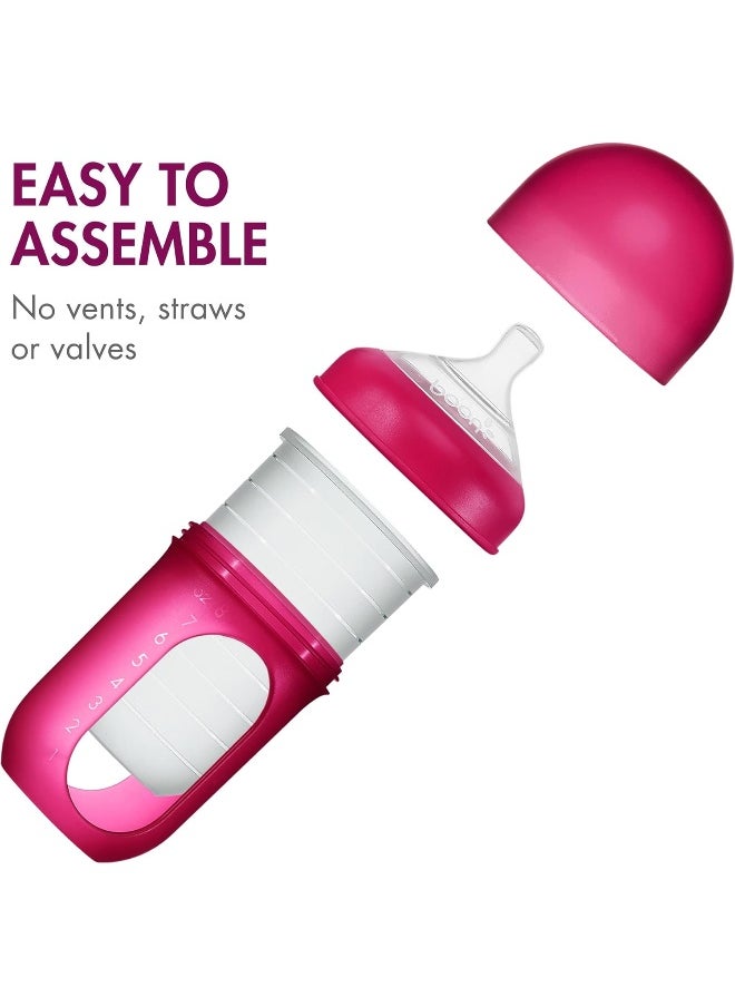 Boon Nursh Reusable Silicone Pouch Baby Bottles - Medium Flow Nipple - Silicone Baby Bottle Pouch and Nipple - Baby Feeding Essentials - Pink - 3-6 Months - 3 Count - 8 Ounce