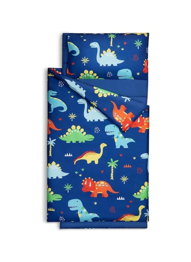 Kids Dinosaur Nap Mat, Sleeping Bag with Carrying Bag and Removable Pillow, Lightweight and Soft,  Ideal for Daycare and Preschool, Travel, 51 x 20 x 1.5 In (Blue)