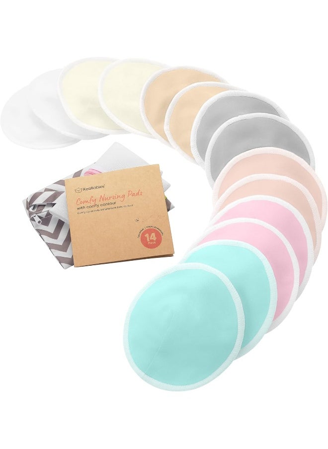 KeaBabies Organic Bamboo Nursing Pads, 14 Washable Nursing Pads + Laundry Bag, Reusable Nursing Pads for Maternity, Washable Nursing Pads (Pastel Touch, XL 14 cm)