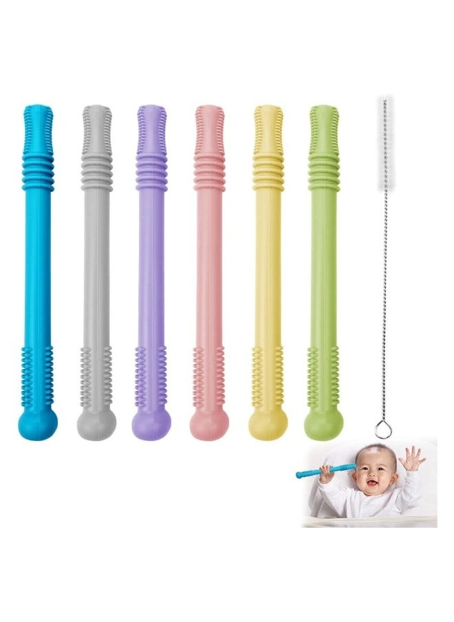 Hollow Teether Tube 6 Pieces Teething Toys Toddlers Silicone Tubes Teething Toys Cleaning Brush Silicone Chew Straw Kong