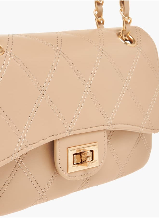 Womens Quilted Shoulder Bag With Twist Lock Closure And Chain Strap