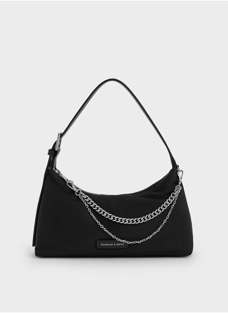 Nylon Chain-Link Trapeze Shoulder Bag & Crossbody Bag - Black