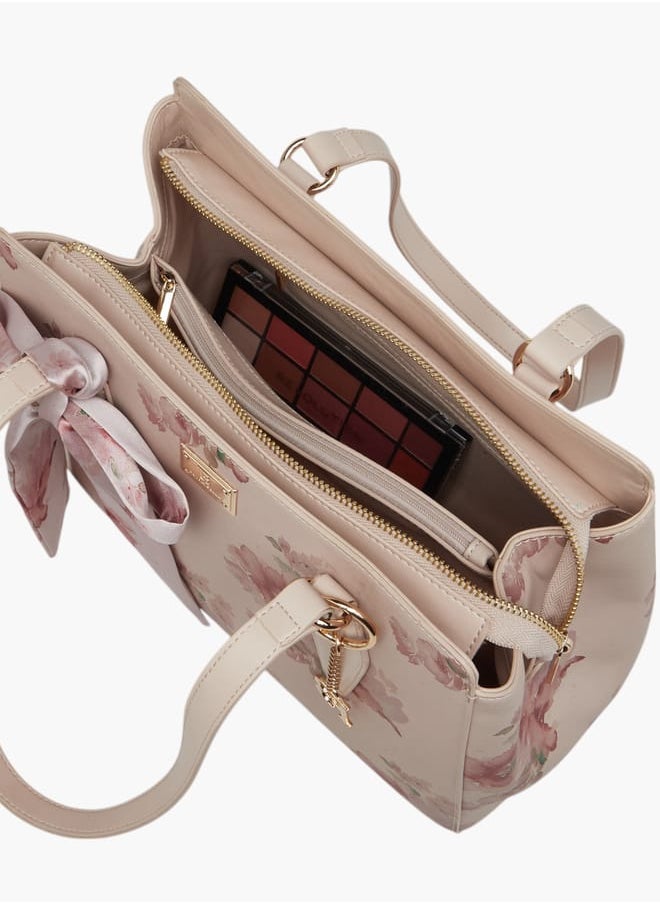 Women Floral Print Tote Bag with Scarf Detail