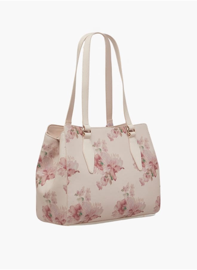 Women Floral Print Tote Bag with Scarf Detail