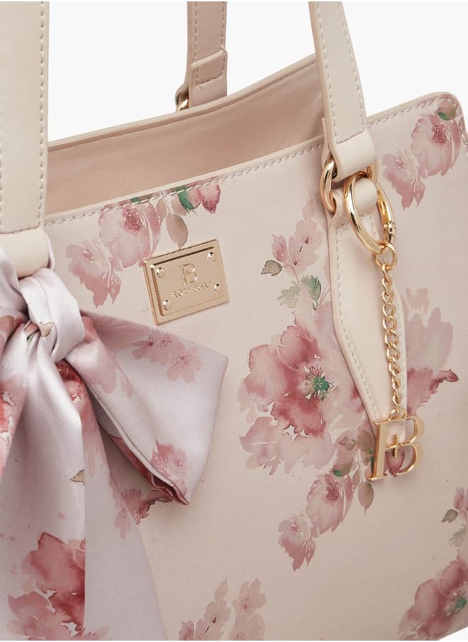 Women Floral Print Tote Bag with Scarf Detail