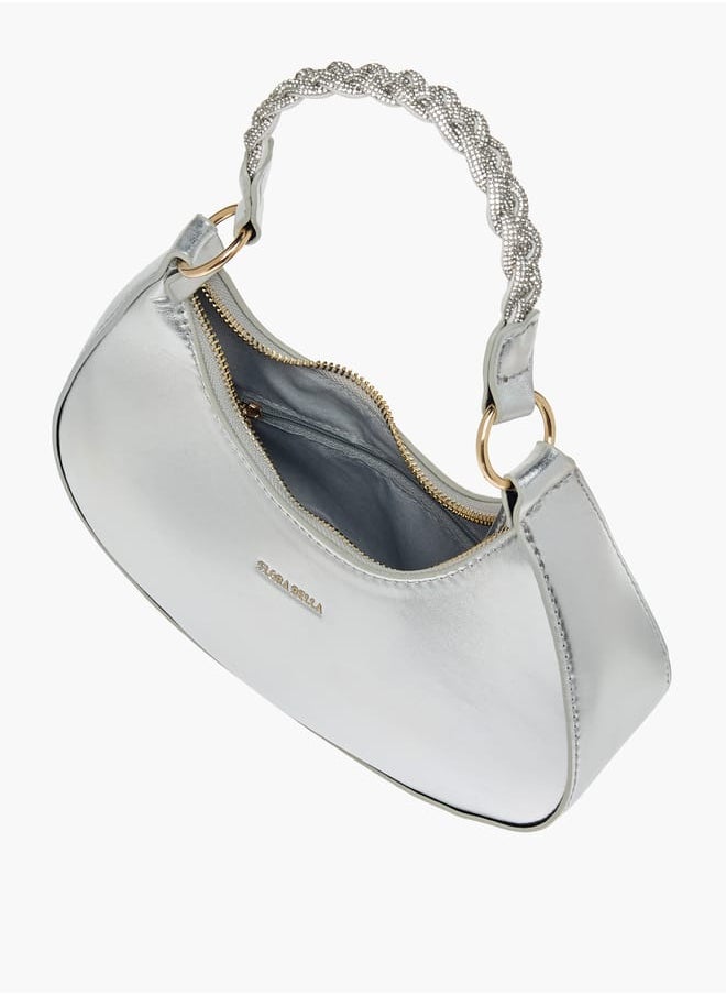 Women Solid Hobo Bag with Zip Closure and Embellished Strap