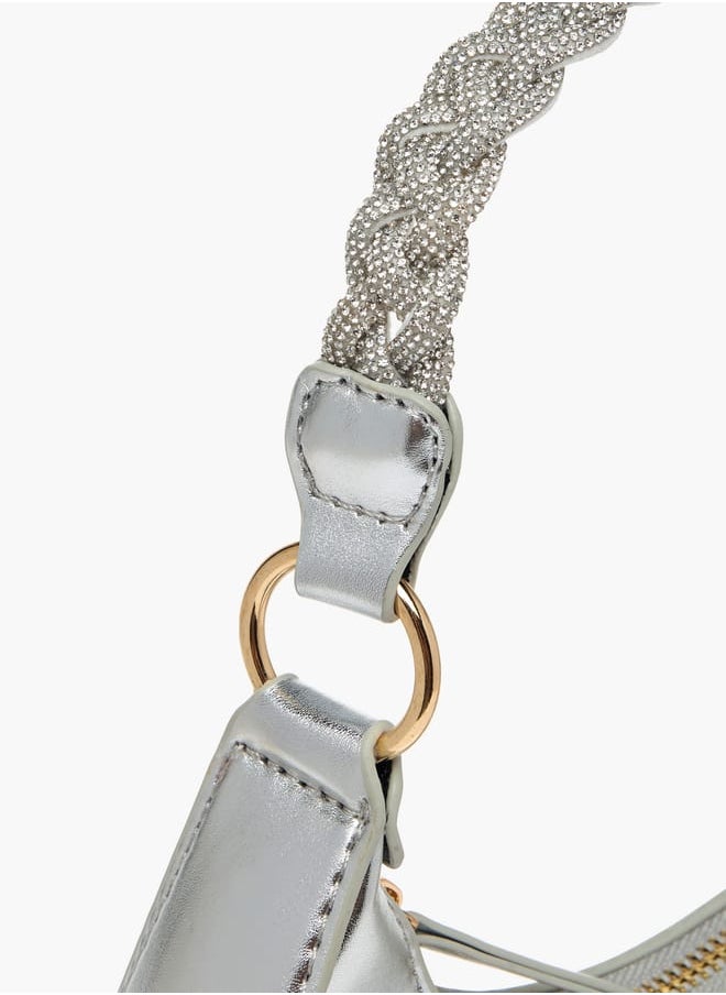 Women Solid Hobo Bag with Zip Closure and Embellished Strap